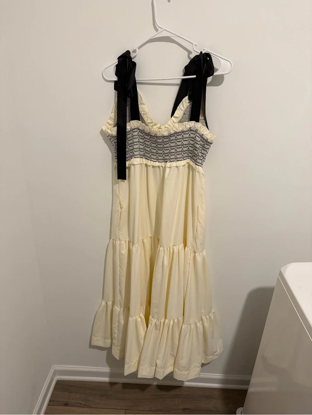 Cream Smocked Bodice Maxi with Black Tie Straps